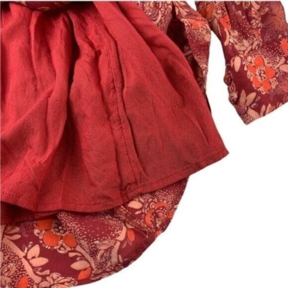 Free People Orange Floral Mini Tunic Dress Long Sleeve Deep VNeck - Picture 3 of 9